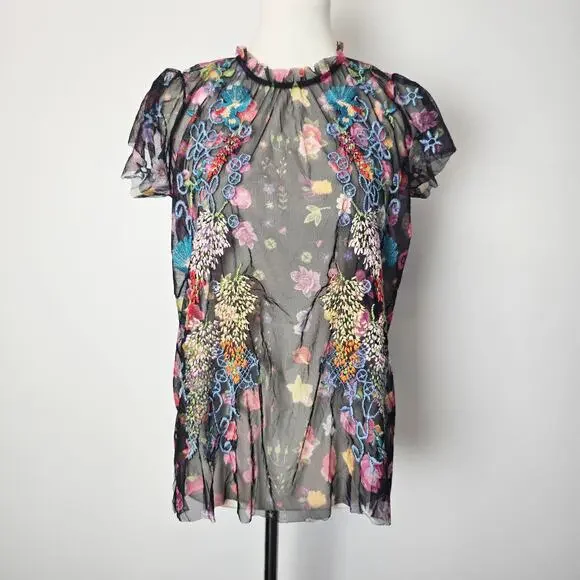 Johnny Was Floral Embroidered Black Mesh Short Sleeve Blouse Boho Whimsigoth - Picture 2 of 10